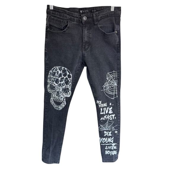 Waimea Skinny Graffiti Paint Spider Web Skull Jet Black Men Jeans 30x32 Emo - Picture 1 of 12